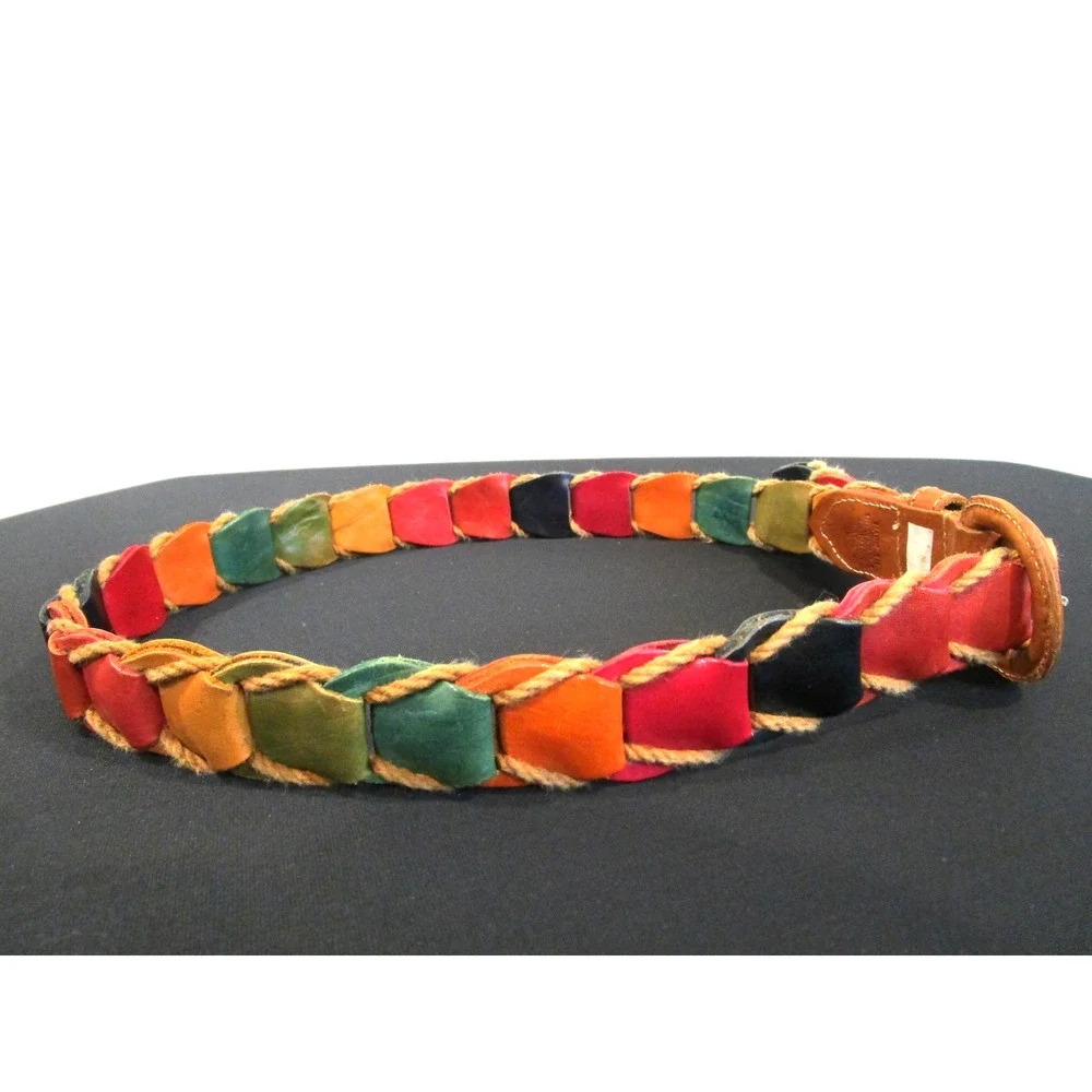 Made In Guatemala Multicolor Leather, Twine Boho Belt Women Sz S, 27